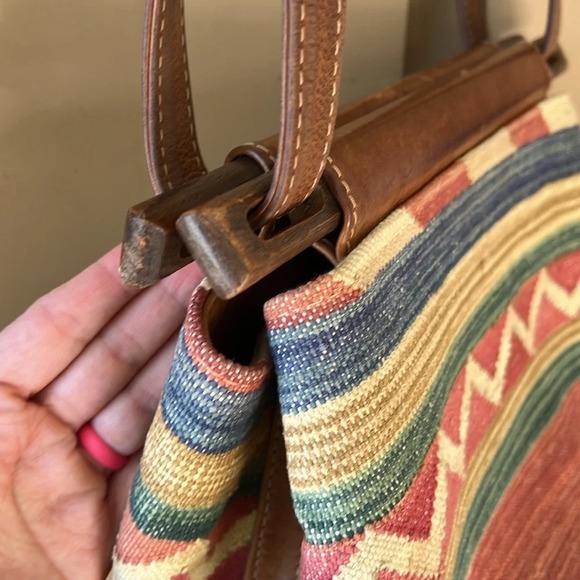 Vintage Boho Southwestern Textile Purse with Leather Trim Convertible Strap - Picture 10 of 13
